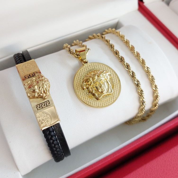 ست مردانه استیل گردنبند طنابی و پلاک آویز و دستبند ورساچ VERSACE رنگ کاملا ثابت کد MP