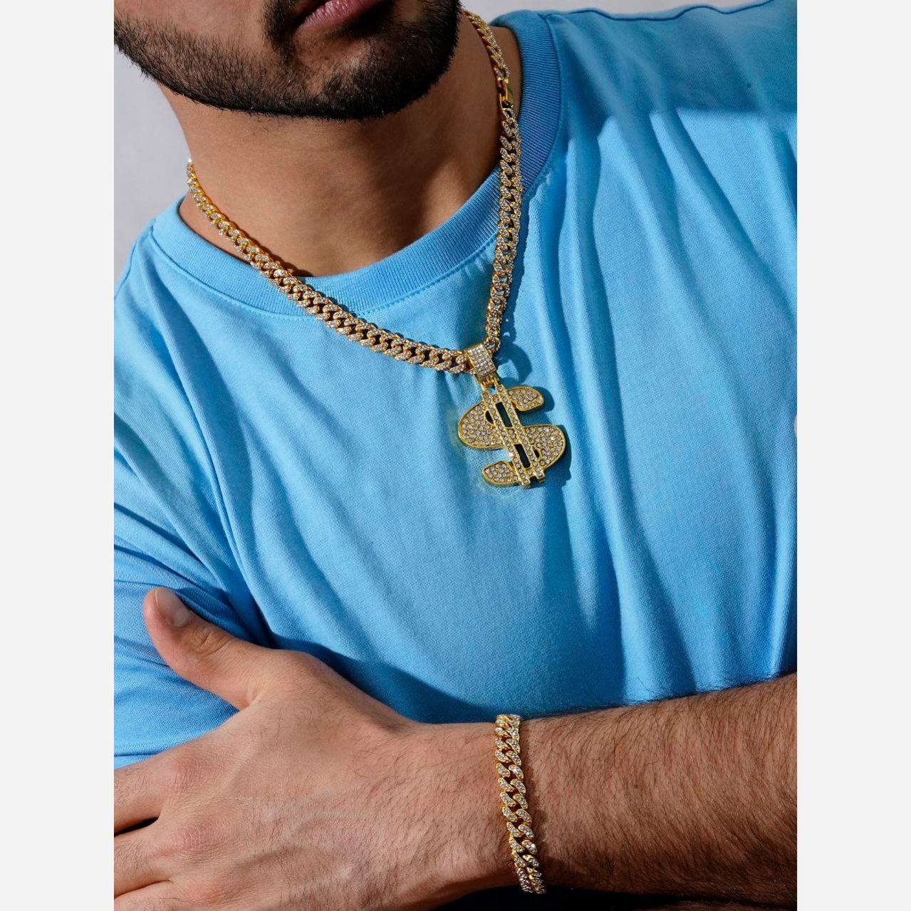 ست دستبند و گردنبند کارتیر فول نگین chain و پلاک آویز دلار s نگین کاری رنگ ثابت کد mp