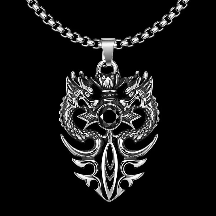 گردنبند و پلاک آویز استیل Dragon Biker Gothic اژدهای دوتایی رنگ ثابت کد ar