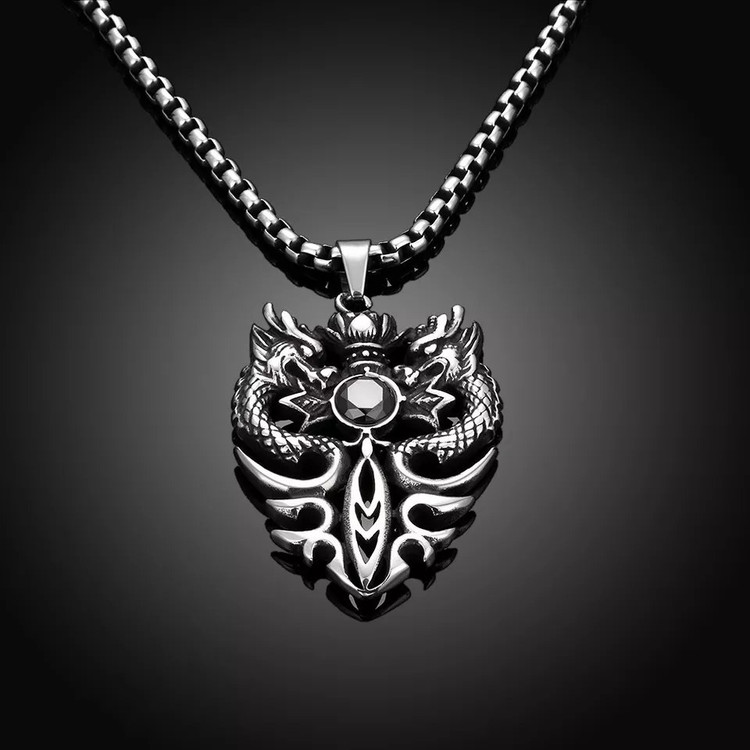 گردنبند و پلاک آویز استیل Dragon Biker Gothic اژدهای دوتایی رنگ ثابت کد ar