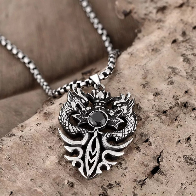 گردنبند و پلاک آویز استیل Dragon Biker Gothic اژدهای دوتایی رنگ ثابت کد ar