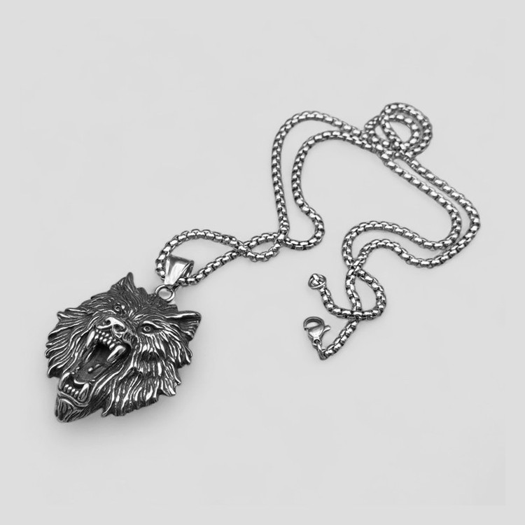گردنبند و پلاک آویز استیل کله گرگ مدل Angry Wolf رنگ ثابت کد ar