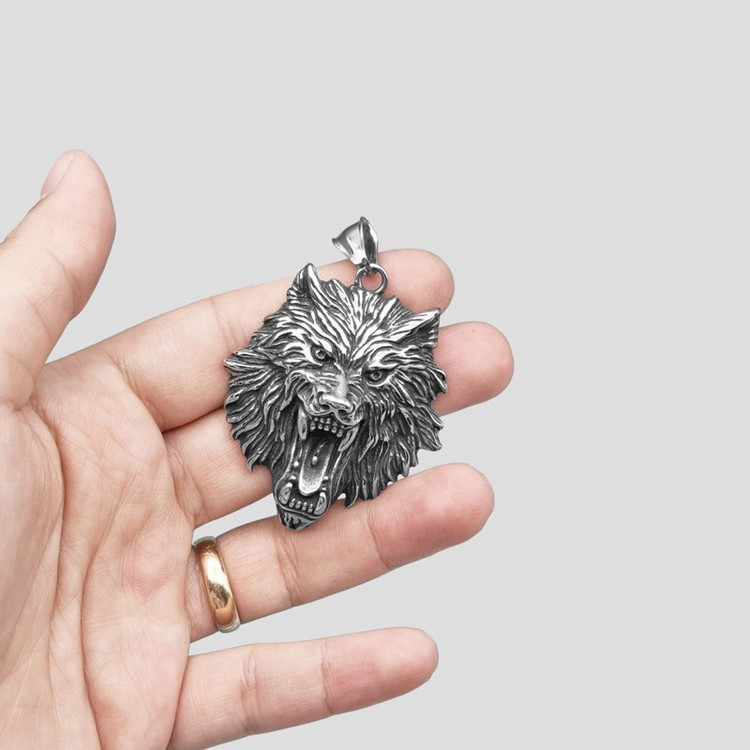 گردنبند و پلاک آویز استیل کله گرگ مدل Angry Wolf رنگ ثابت کد ar