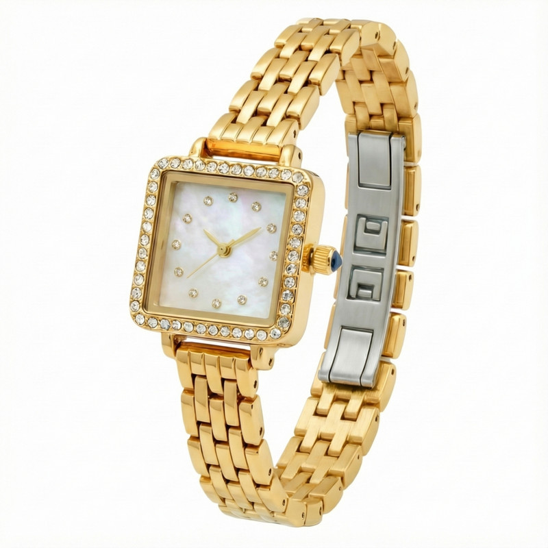 ساعت مچی عقربه‌ای کوارتز زنانه مدل لوکس بند استیل طرح بافت قاب دور نگین قفل مخفی کد E4