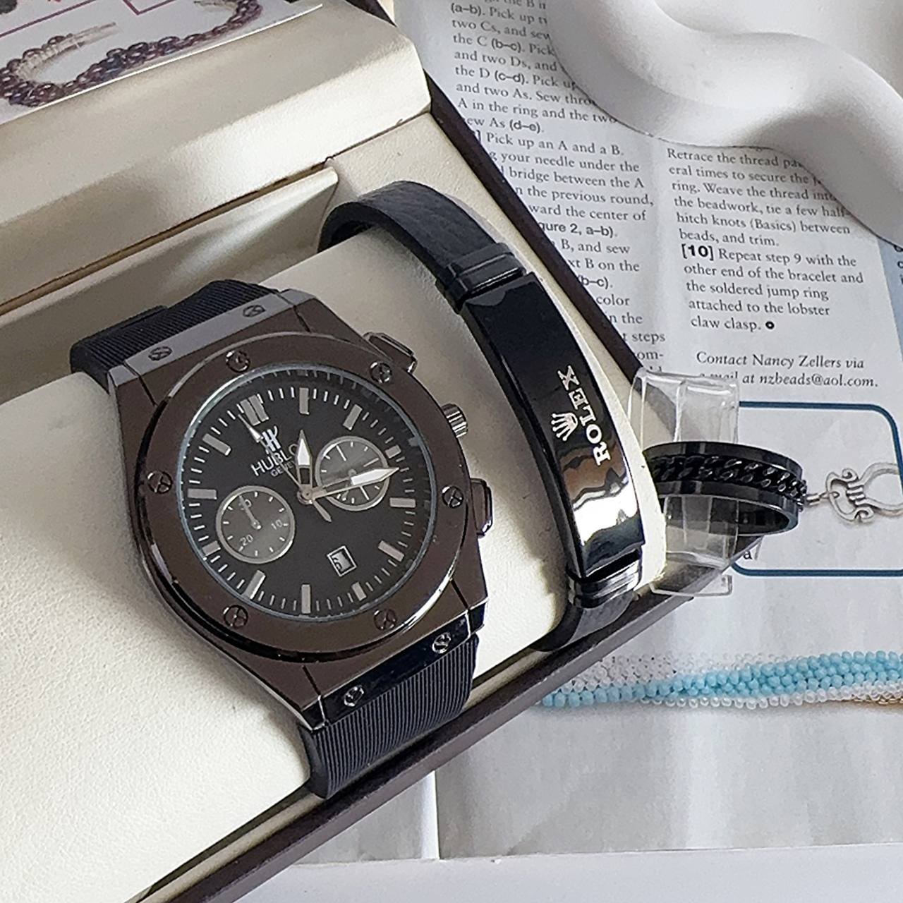 ست ساعت مردانه با دستبند چرم و حلقه کارتیر و ساعت مارک HUBLOT