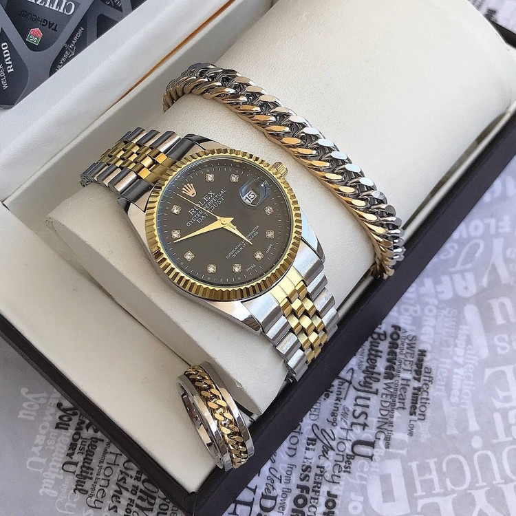 ست ساعت و دستبند و انگشتر مردانه ساعت تاریخدار مارک ROLEX