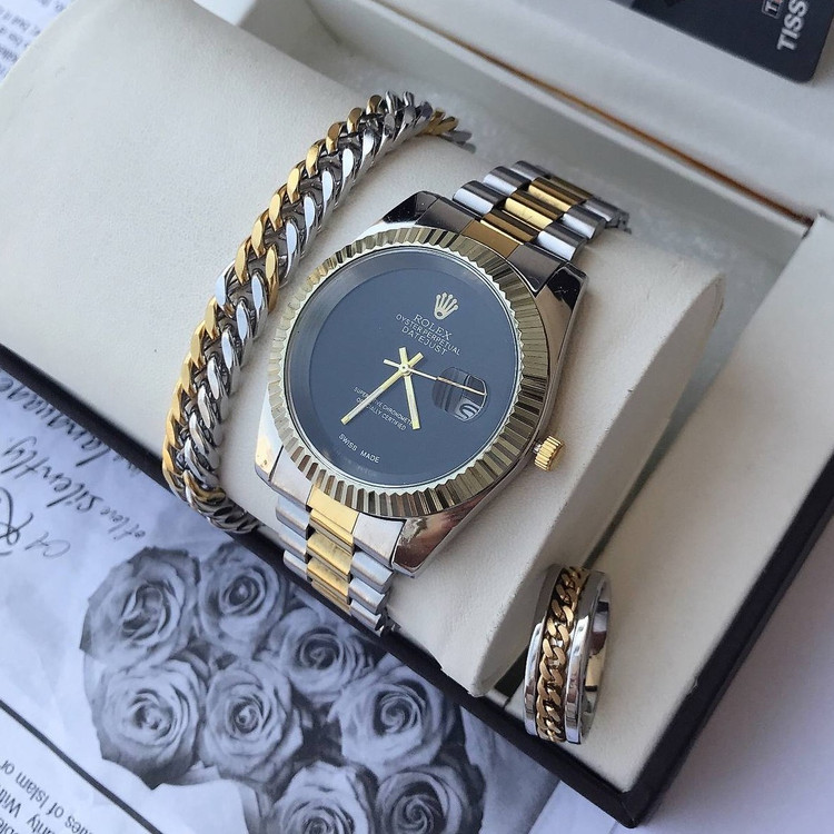 ست ساعت و دستبند و انگشتر مردانه ساعت تاریخدار مارک ROLEX صفحه چرخان