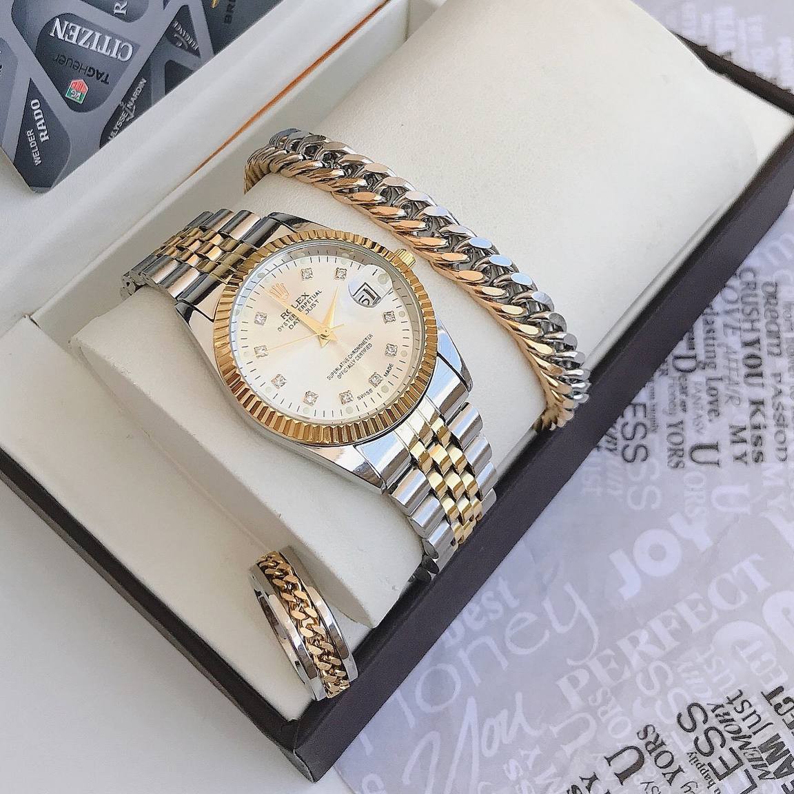 ست ساعت و دستبند و انگشتر مردانه ساعت تاریخدار مارک ROLEX