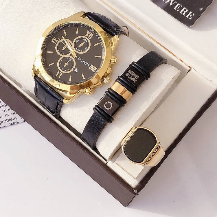 ست ساعت و دستبند و انگشتر مردانه ساعت تاریخدار مارک CiTiZEN کد L505480