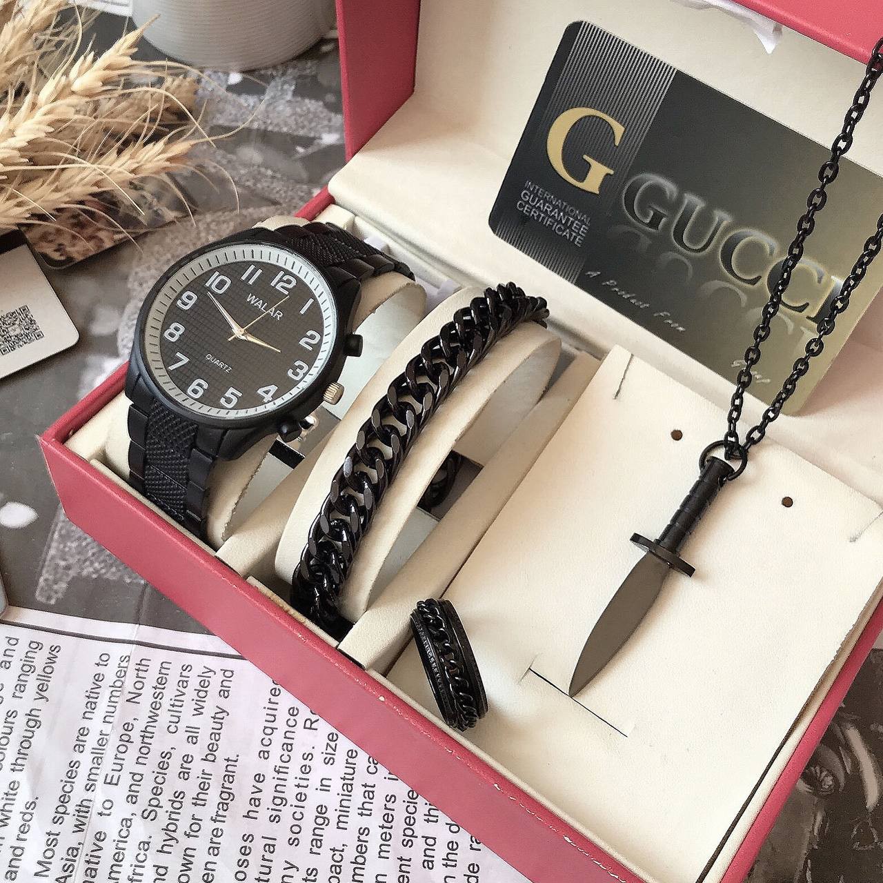 ست ساعت و دستبند و انگشتر و گردنبند مردانه ساعت تایوانی استیل مارک WALAR کد 670350