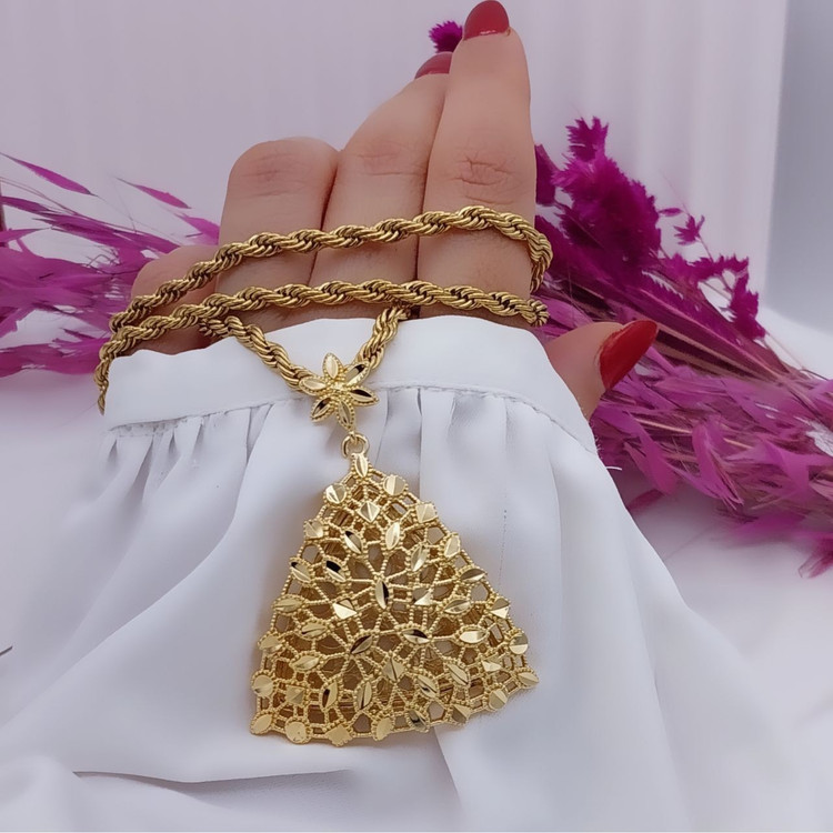 پلاک زنجیر زنانه طلا روس رنگ ثابت دوام رنگ بالای 5 سال کیفیت رنگ بالا کد 415 ج ع زنجیر 60 سانتی طنابی