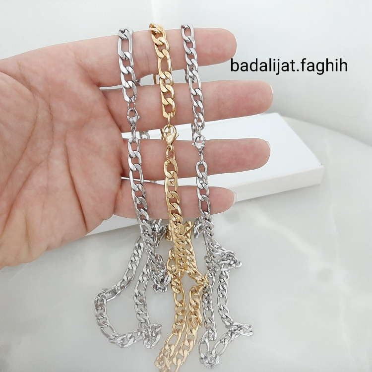 زنجیر فیگارو مردونه استیل رنگ ثابت با بهترین کیفیت و آبکاری طلا ورق بزنید و توضیحات رو بخونید