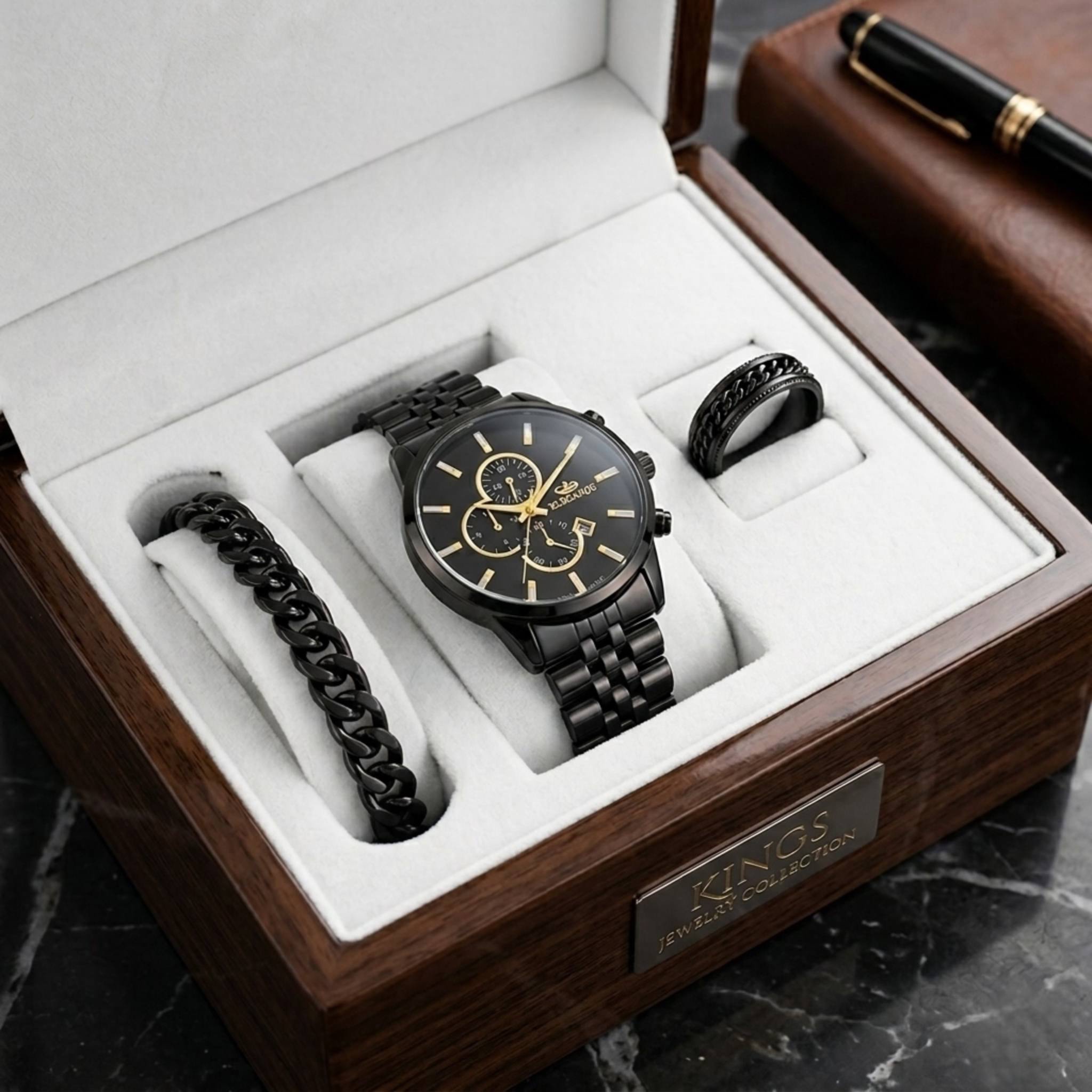 ست ساعت مردانه و پسرانه مارک الگانس ELEGANCE با دستبند و حلقه مشکی ارسال رایگان