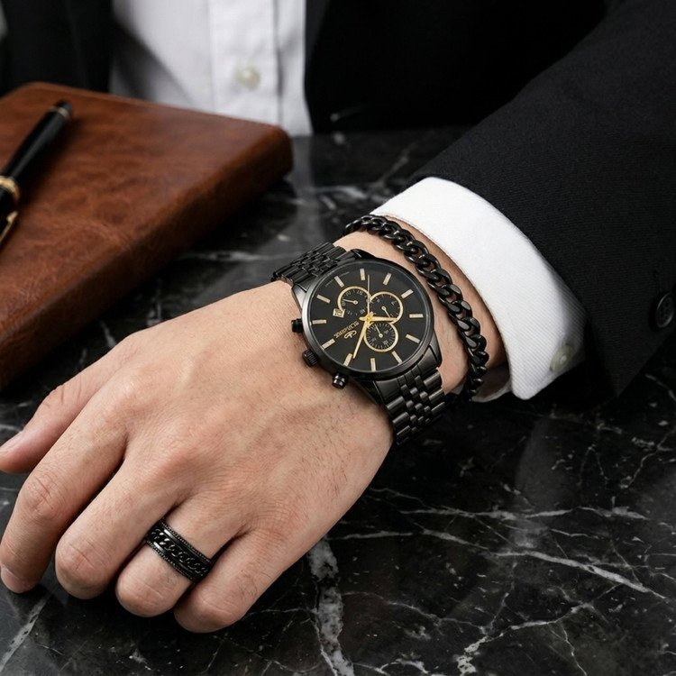ست ساعت مردانه و پسرانه مارک الگانس ELEGANCE با دستبند و حلقه مشکی ارسال رایگان