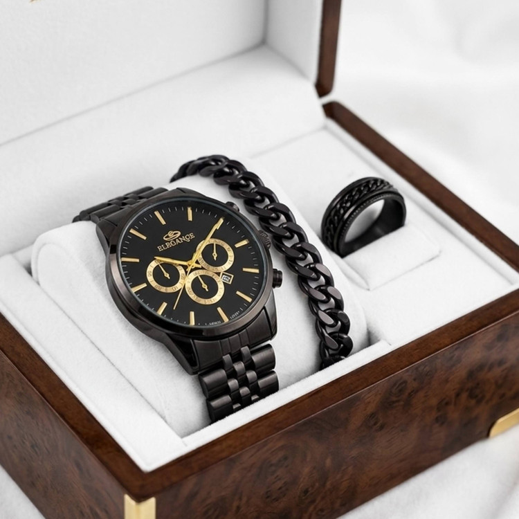 ست ساعت مردانه مارک الگانس ELEGANCE با دستبند و حلقه مشکی ارسال رایگان