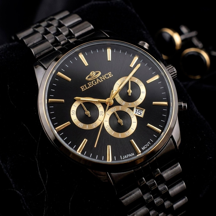ست ساعت مردانه مارک الگانس ELEGANCE با دستبند و حلقه مشکی ارسال رایگان