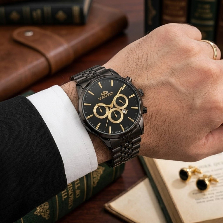 ست ساعت مردانه مارک الگانس ELEGANCE با دستبند و حلقه مشکی ارسال رایگان