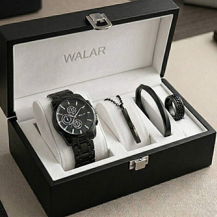 ست ساعت مردانه مارک والار Walar و دستبند بازشو و گردنبند و حلقه ارسال رایگان