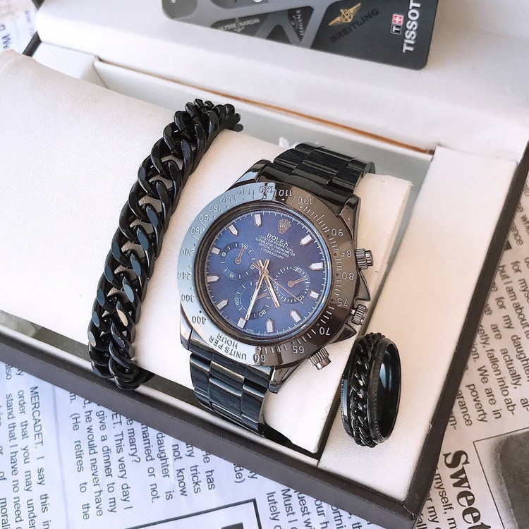 ست ساعت کامل مردانه مشکی مارک رولکس Rolex بهمراه دستبند و حلقه طرح رولکس ارسال رایگان