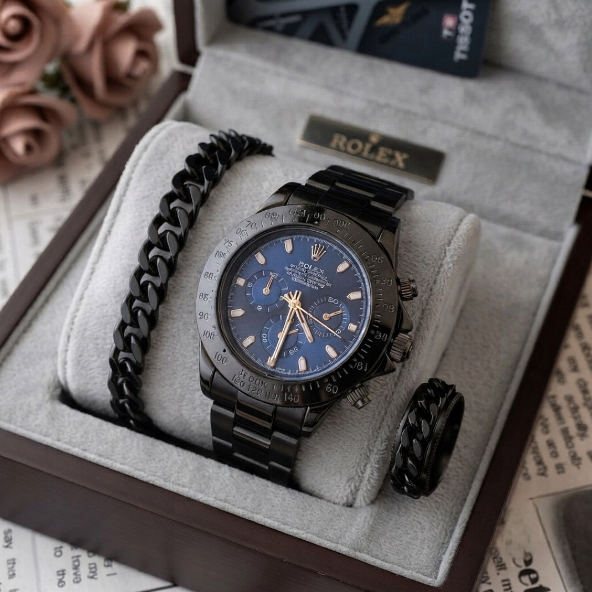 ست ساعت کامل مردانه مشکی مارک رولکس Rolex بهمراه دستبند و حلقه طرح رولکس ارسال رایگان