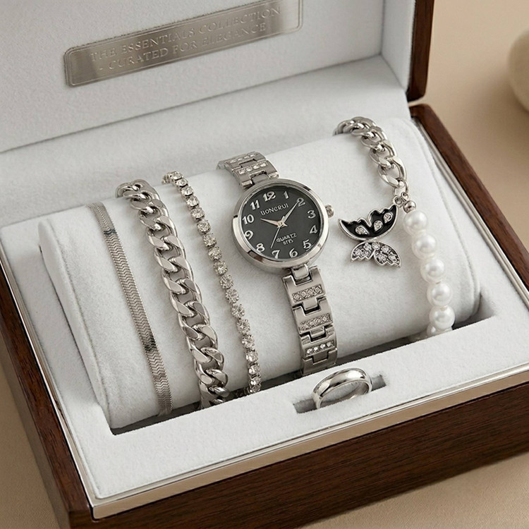 ست زنانه و دخترانه ساعت هانگری و چهار دستبند کارتیر و تلفیقی مروارید وحلقه ارسال رایگان گردنبند پروانه زیبا