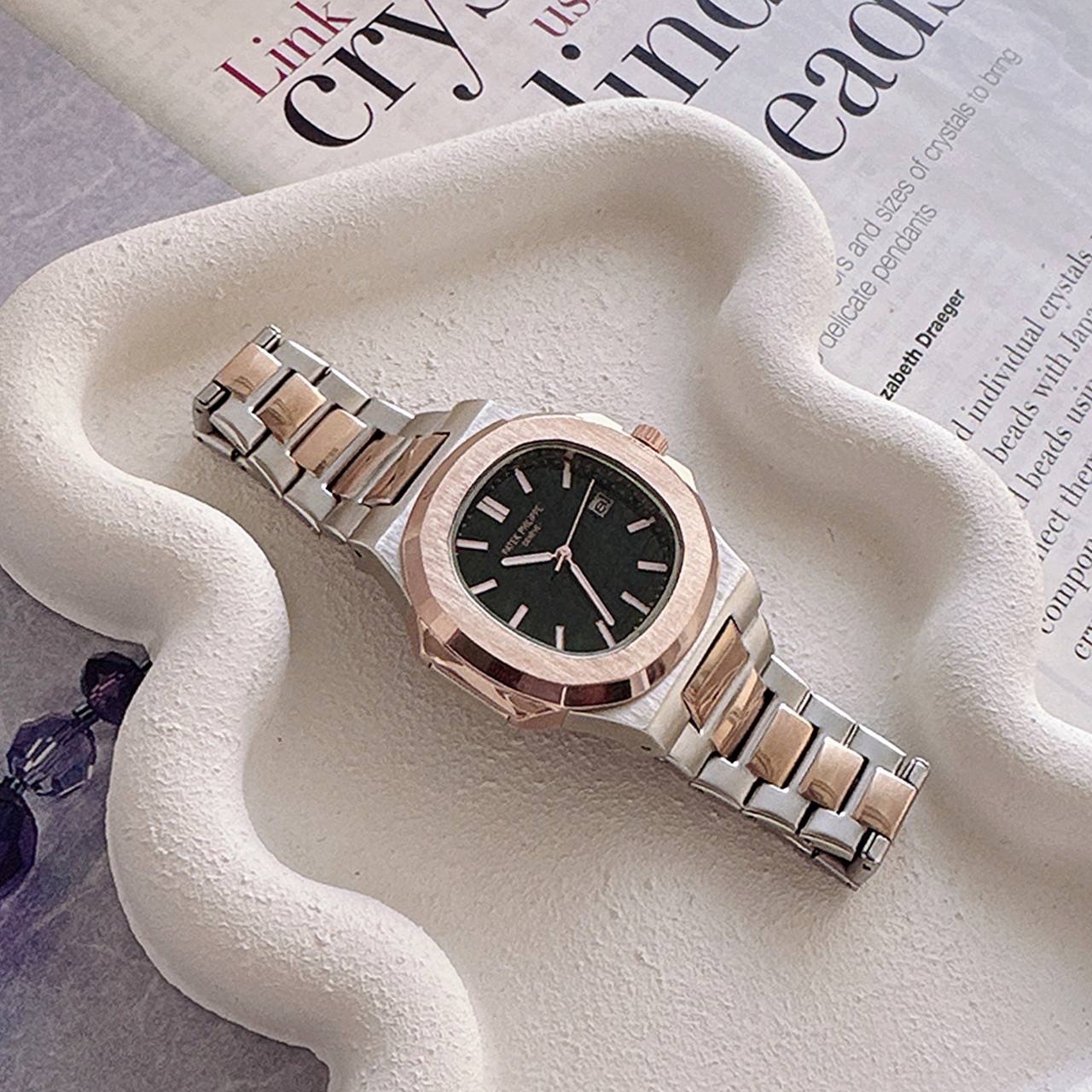 ساعت مردانه هایکپی مارک فیلیپ PATEK PHILIPPE موتور ژاپن فول استیل رنگبندی مشکی و نقره ای رزگلد ارسال رایگان