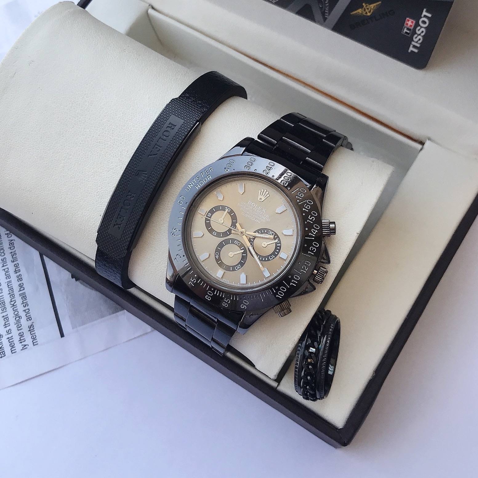 ست ساعت کامل مردانه مشکی مارک رولکس Rolex بهمراه دستبند چرم و حلقه رولکسی ارسال رایگان