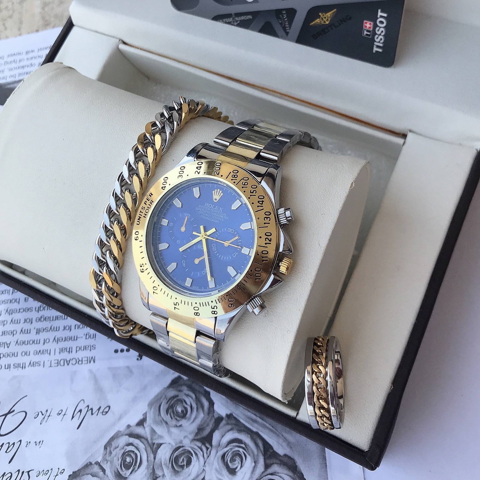 ست ساعت کامل مردانه استیل مارک رولکس Rolex بهمراه دستبند و حلقه ارسال رایگان