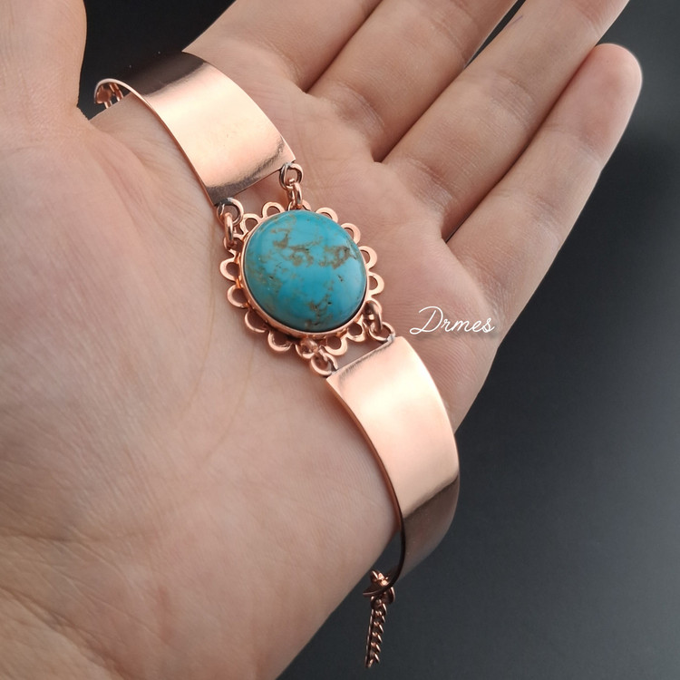 دستبند مسی زنانه سبک اشرافی عربی سنگ فیروزه ای