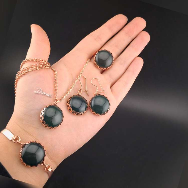 سرویس مسی زنانه سنگ طبیعی عقیق یشم تیره