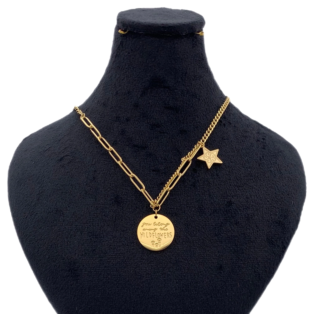 گردنبند زنانه طرح طلا کلیو با پلاک دایرهای حکاکی لیزری و زنجیر ترکیبی تیفانی و کارتیه | استیل ضد حساسیت