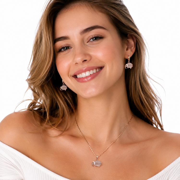 نیم ست زنانه کلیو (Clio) طرح فیل با سنگ کوارتز | آبکاری طلای چندلایه
