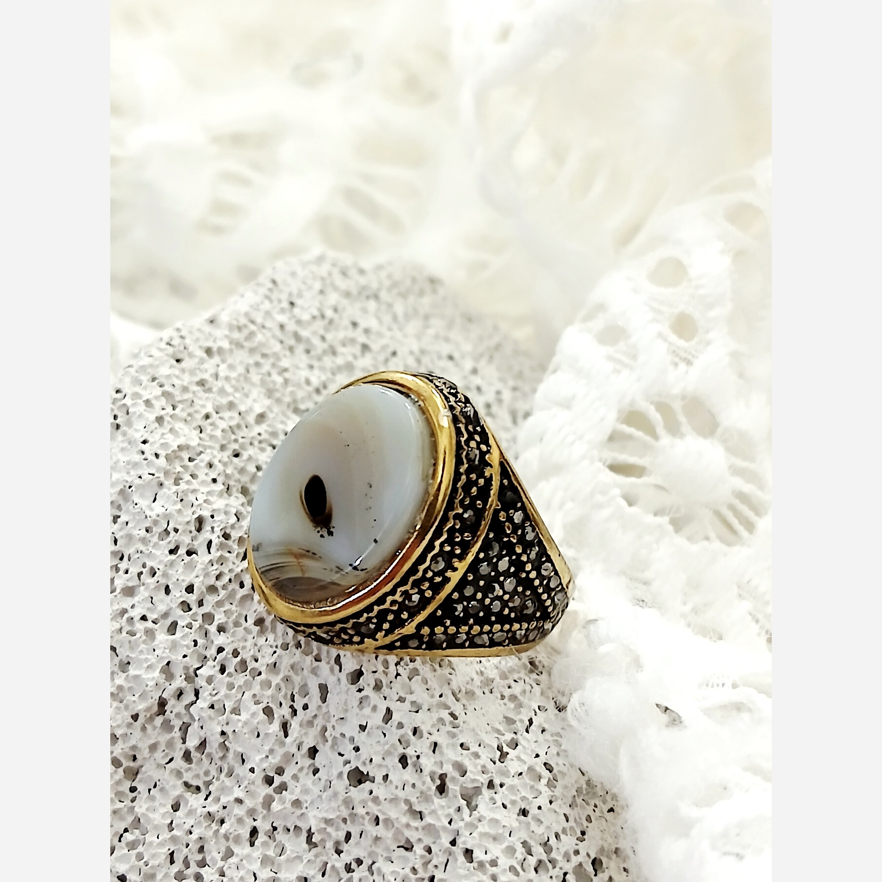 انگشتر مردانه استیل طلایی سنگ شجر اصلی سنگ اصلی به صورت رندوم سنگ ارسال میشه