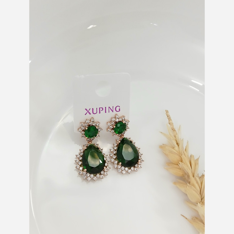 گوشواره ژوپینگ اصلی جواهری سبز اشکی دور نگین خاص میخی