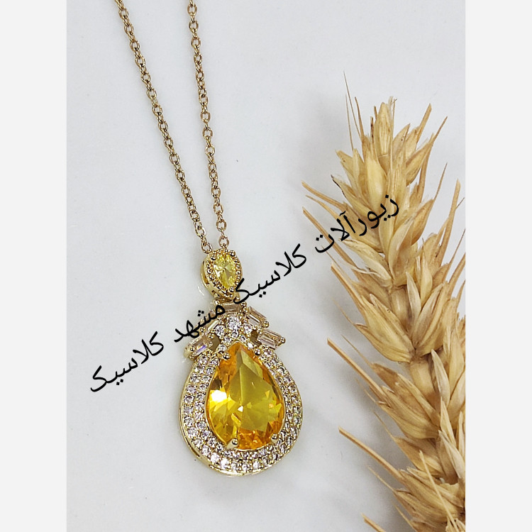 گردنبند استیل نگین زرد درشت پر کار خفن