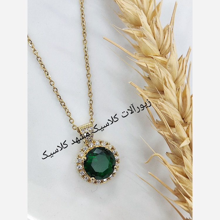 گردنبند استیل نگین سبز دایره ظریف طلایی