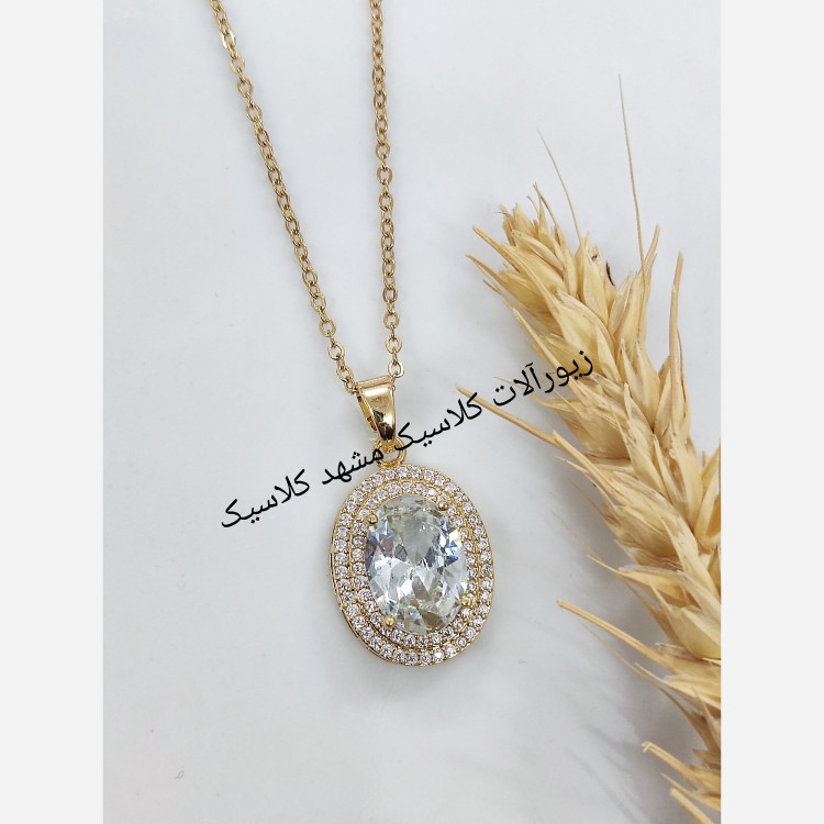 گردنبند استیل سفید بیضی نگین سفید