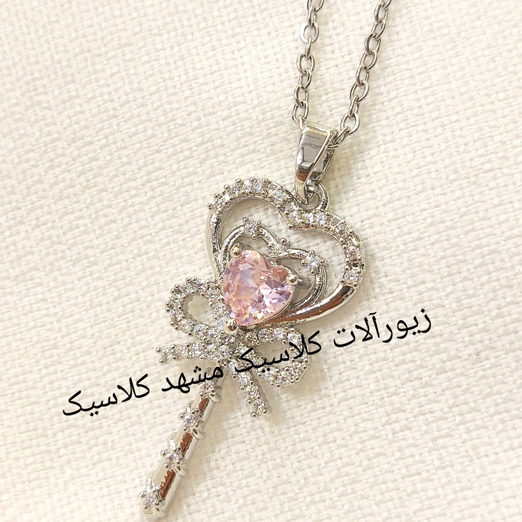 گردنبند نقره ای نگین صورتی استیل نقره ای رنگ ثابت