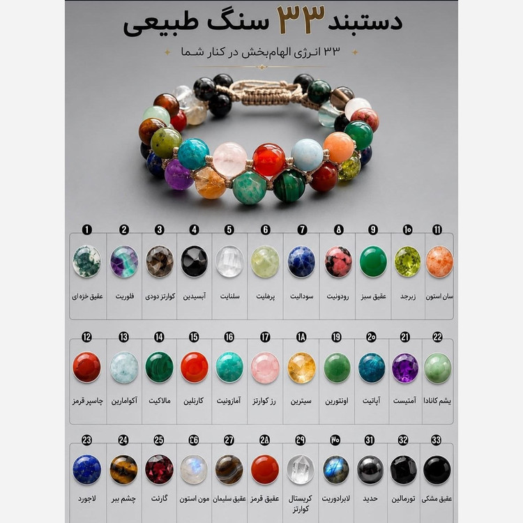دستبند 33 سنگ دو رج اصل معدنی طبیعی