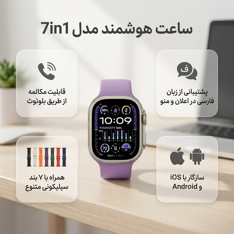 ساعت هوشمند 49 میلی متری اوکپو مدل 7in1 با ۷ بند سیلیکونی