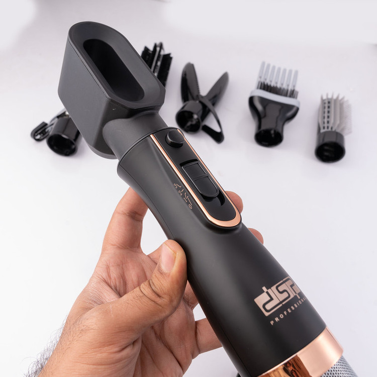 سشوار برسدار حالتدهنده 800 وات مدل 50172، موتور DC، وزن 300 گرم، دارای سری متمرکزکننده پهن، سری شانهدار، سری برسدار گرد باریک، سری برسدار گرد پهن، سری برسدار تخت، سری دندانهدار با ویژگی فرکنندگی، صافکنندگی، حجمدهندگی، با قابلیت باد سرد