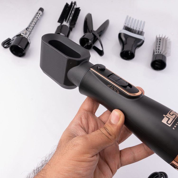 سشوار برسدار حالتدهنده 800 وات مدل 50172، موتور DC، وزن 300 گرم، دارای سری متمرکزکننده پهن، سری شانهدار، سری برسدار گرد باریک، سری برسدار گرد پهن، سری برسدار تخت، سری دندانهدار با ویژگی فرکنندگی، صافکنندگی، حجمدهندگی، با قابلیت باد سرد