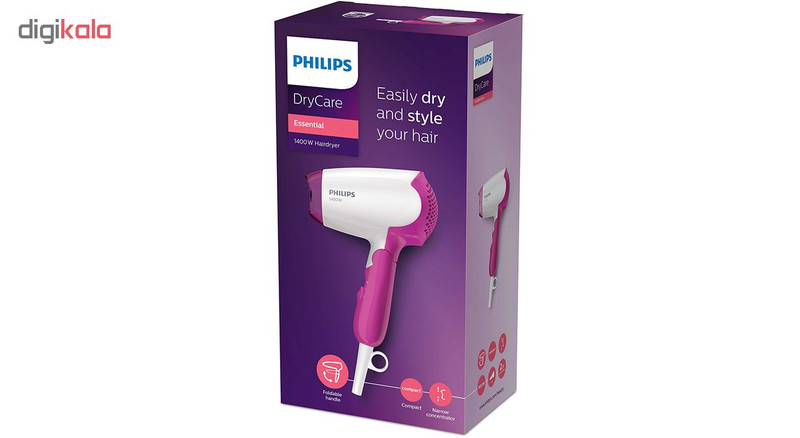 سشوار مسافرتی 1400 وات فیلیپس مدل BHD003، موتور DC، وزن 350 گرم، با ویژگی صافکنندگی، حجمدهندگی
