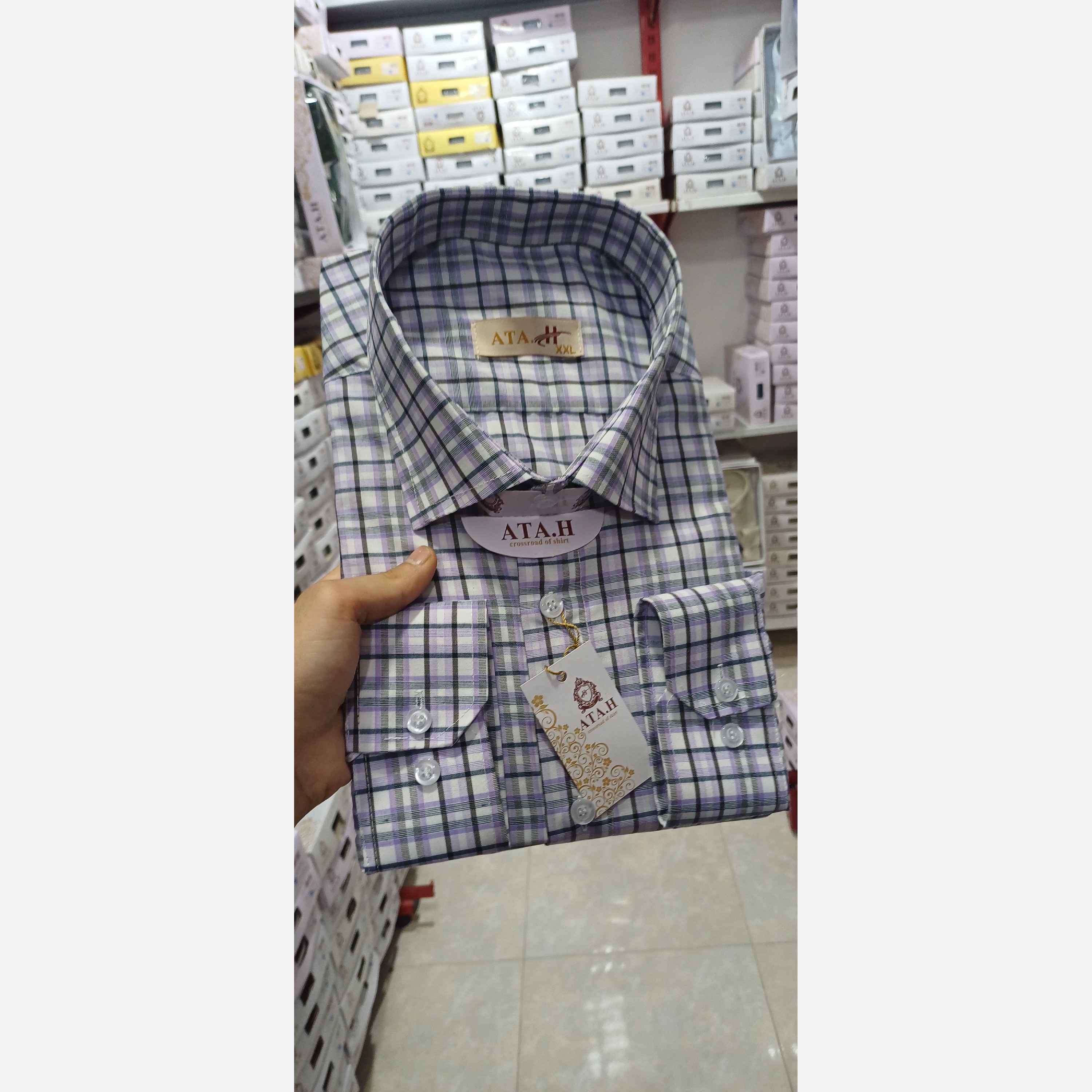 پیراهن مردانه چهارخونه زمینه سفید مشکی و بنفش کد405
