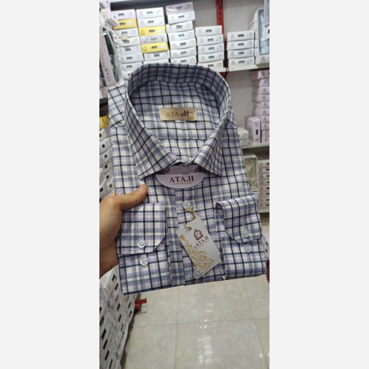 پیراهن مردانه چهارخونه زمینه سفید مشکی و بنفش کد405
