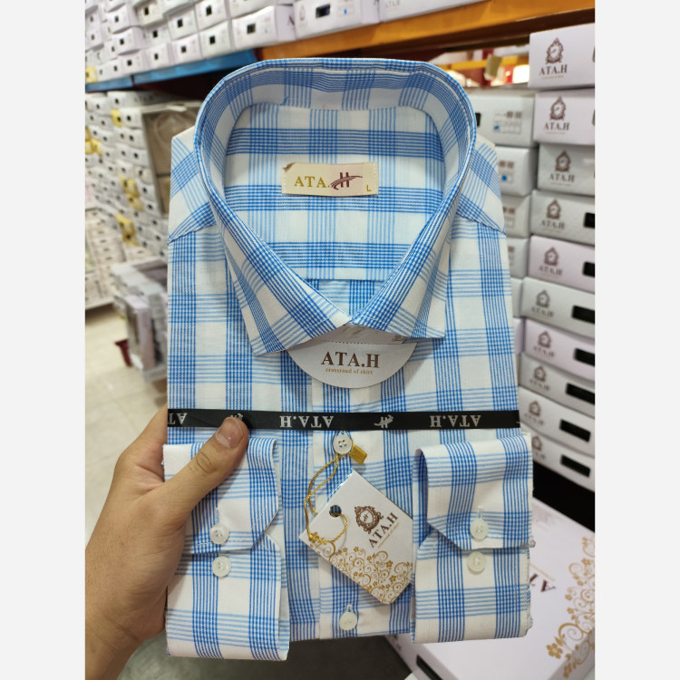پیراهن مردانه نخی چهارخونه آبی سفید کد010101