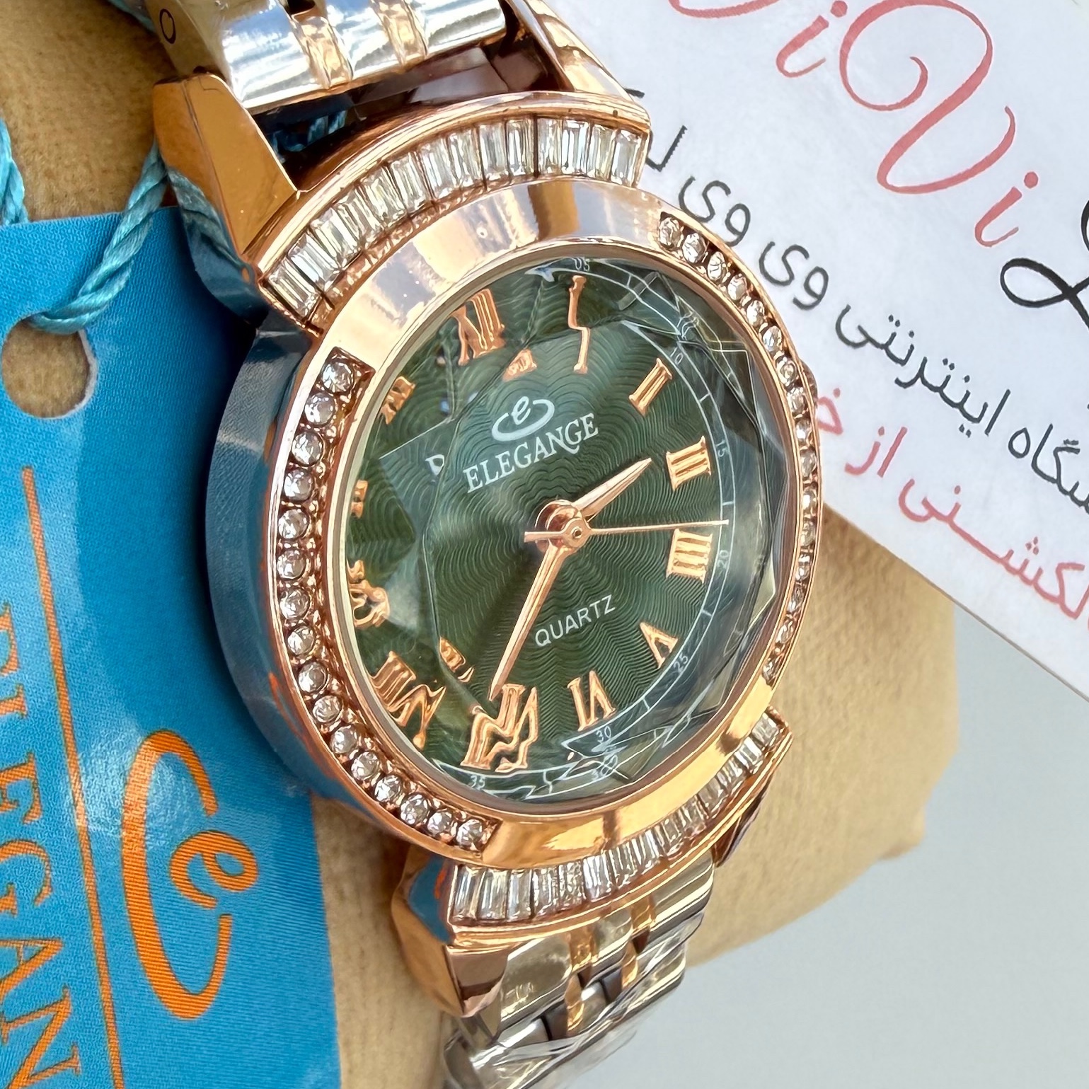 ساعت الگانس موتور ژاپن زنانه و دخترانه با گارانتی مدل نگین باگت جواهری