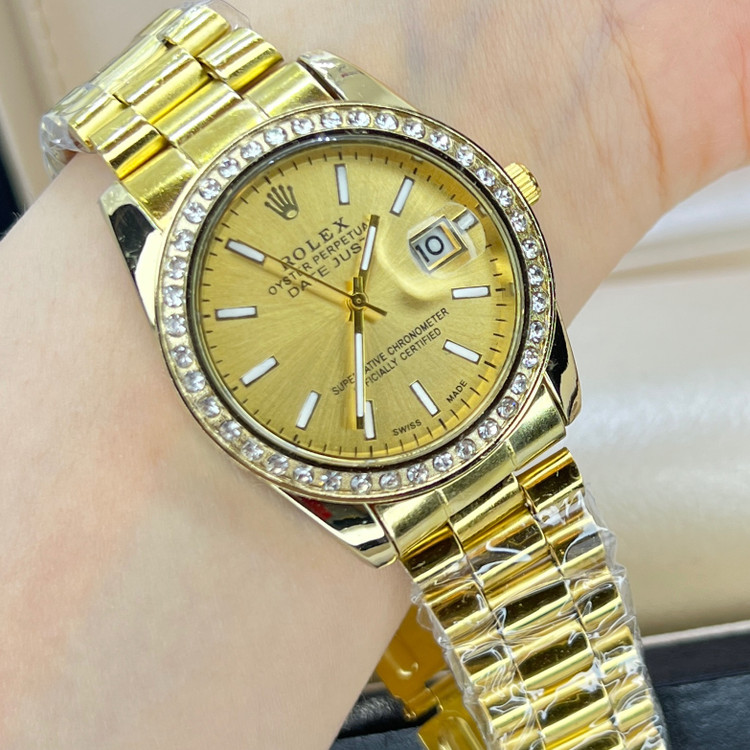 ساعت رولکس صفحه طلایی دور نگین قاب متوسط زنانه و مردانه خاص Rolex