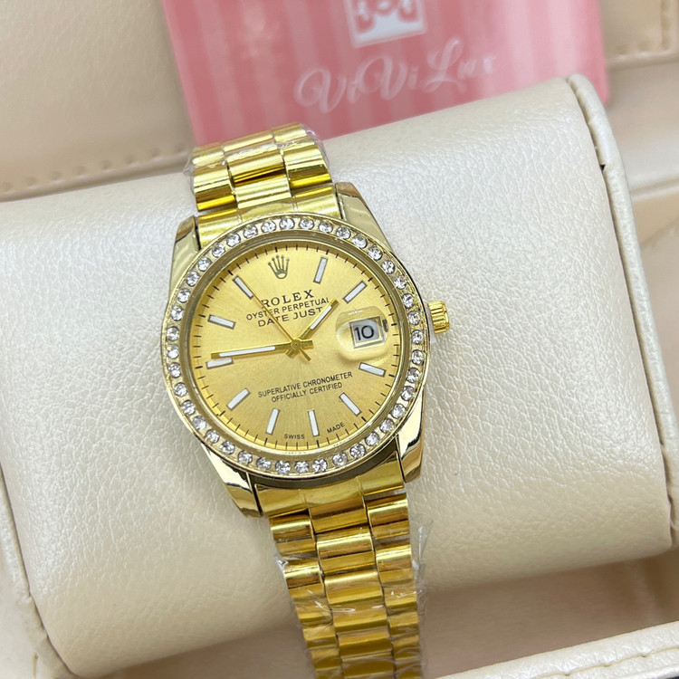 ساعت رولکس صفحه طلایی دور نگین قاب متوسط زنانه و مردانه خاص Rolex