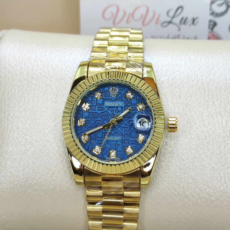 ساعت مچی رولکس ROLEX زنانه قفل اصلی کیفیت عالی AAA صفحه آبی حکاکی دیت جاست